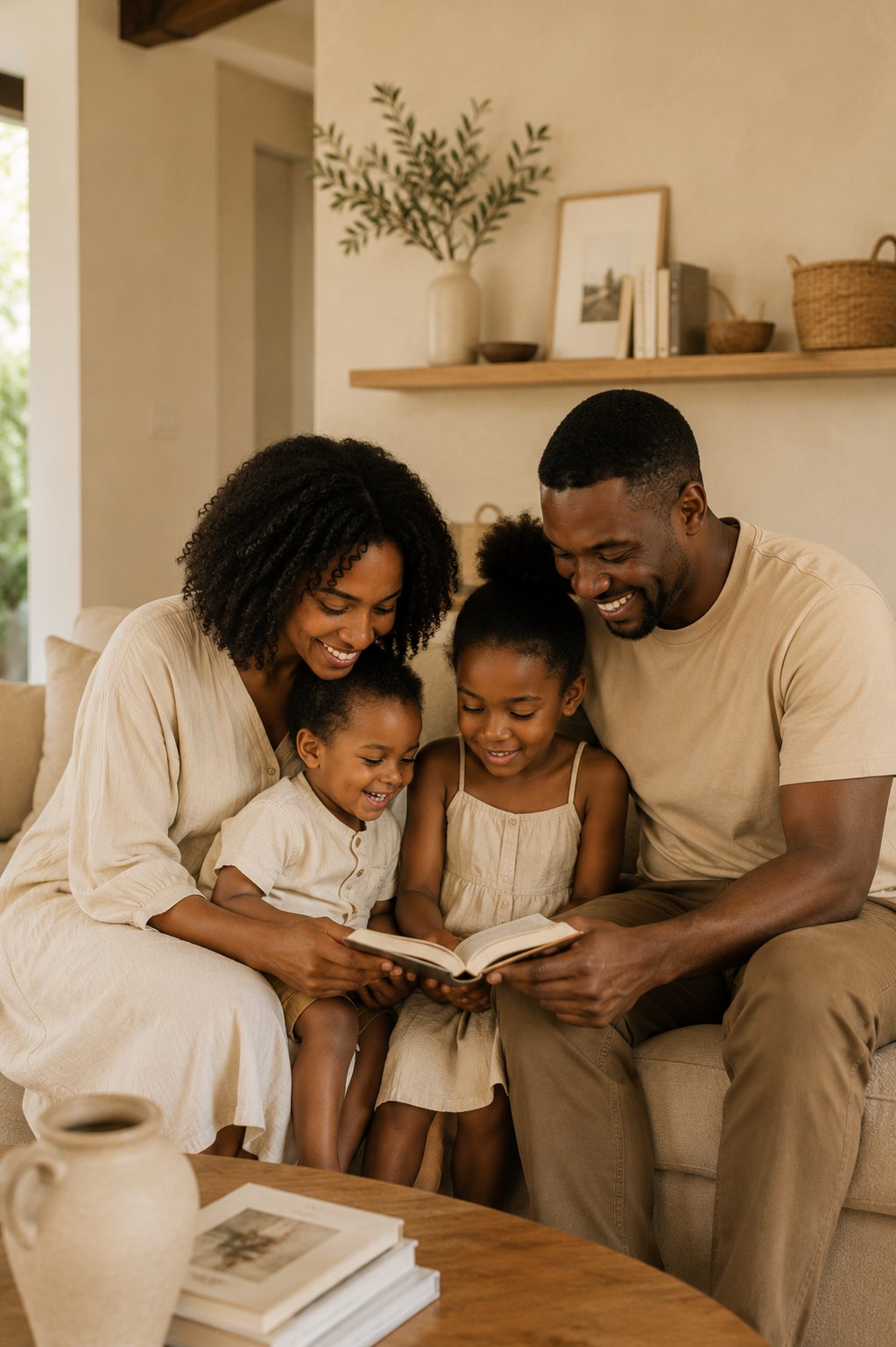 Une mère et son enfant lisant un livre ensemble près d’une fenêtre